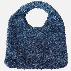 Anthropologie Silver & Black Fuzzy Knit Tote Bag Metallic Handbag Mini Tote